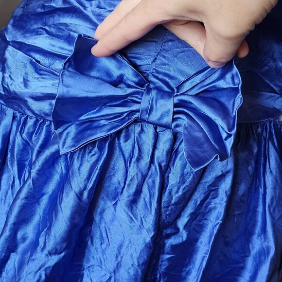 80s Size 8 Blue Formal Dress Gown‎ Prom Shiny Satin Assymetrical Puff Sleeve - Picture 9 of 14